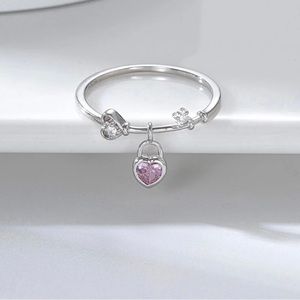 Dainty Heart Lock Stack Ring .925 Sterling Silver Pink Clear Crystals